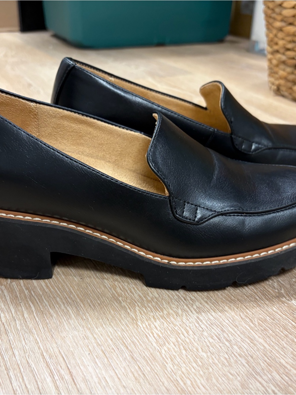 Naturalizer Black Leather “Cabaret” Lug Sole Loafers